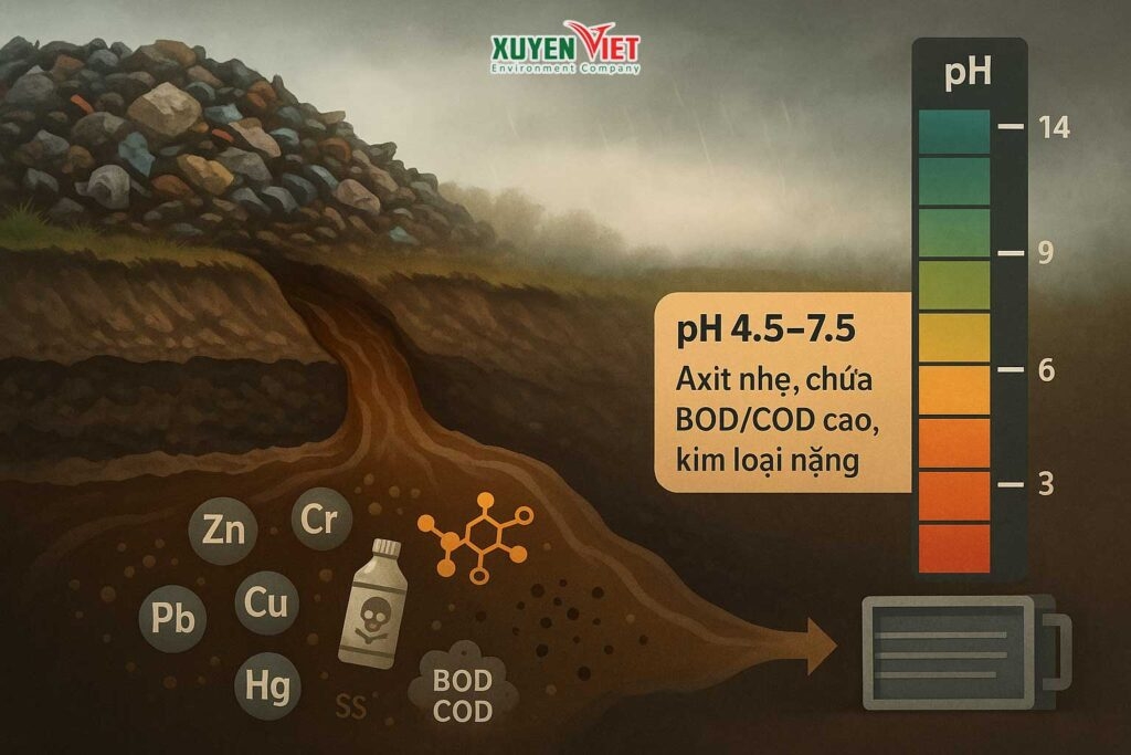 nuoc ri rac la gi do pH roi vao pH thap 4.5 – 7.5 BOD COD cao SS lon co nhieu kim loai chat doc hai 1024x683 - Chi phí xử lý nước thải công nghiệp trên 1m3